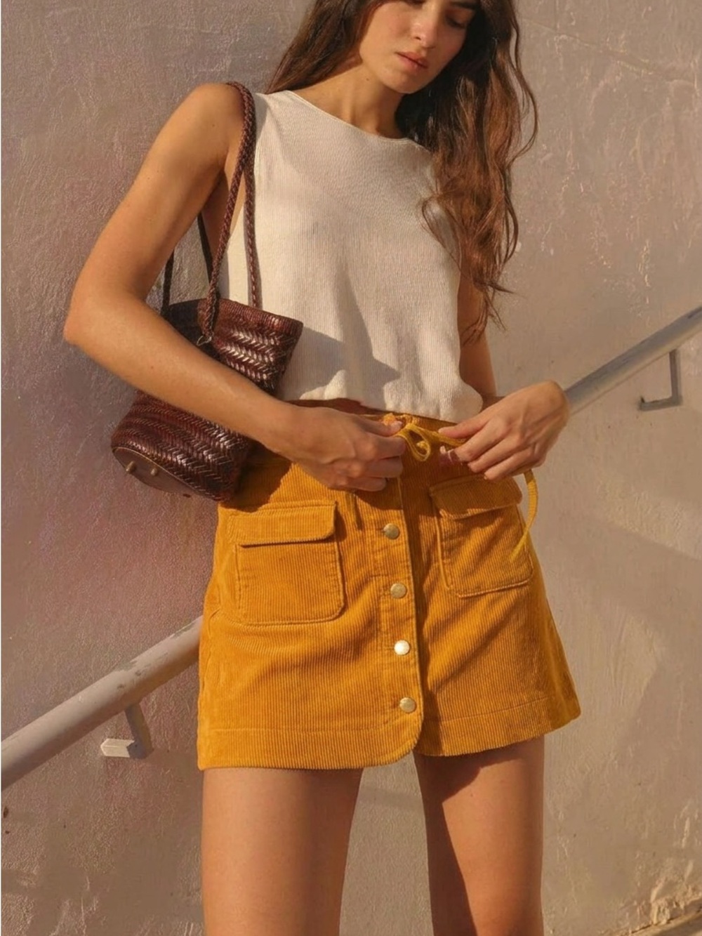 LOFT Ann Taylor Mustard Yellow Mini Skirt Size 6 Button Front A-Line Retro Chic